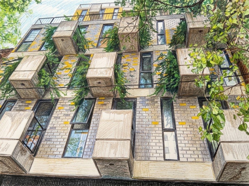 Ilustración a lápiz de la fachada del Edificio Guerrero 108